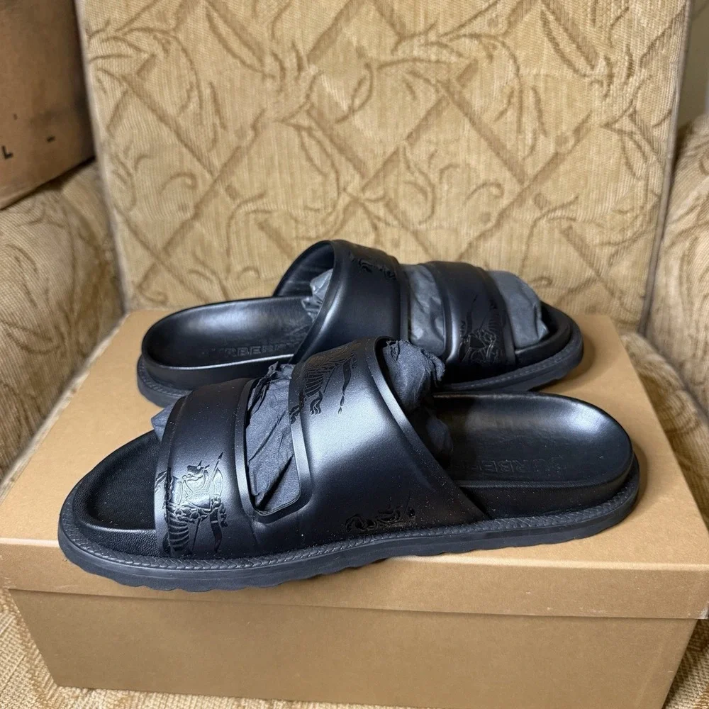 Burberry London England EKD Embossed Leather Slides Black Men's Size US 7 UK 6